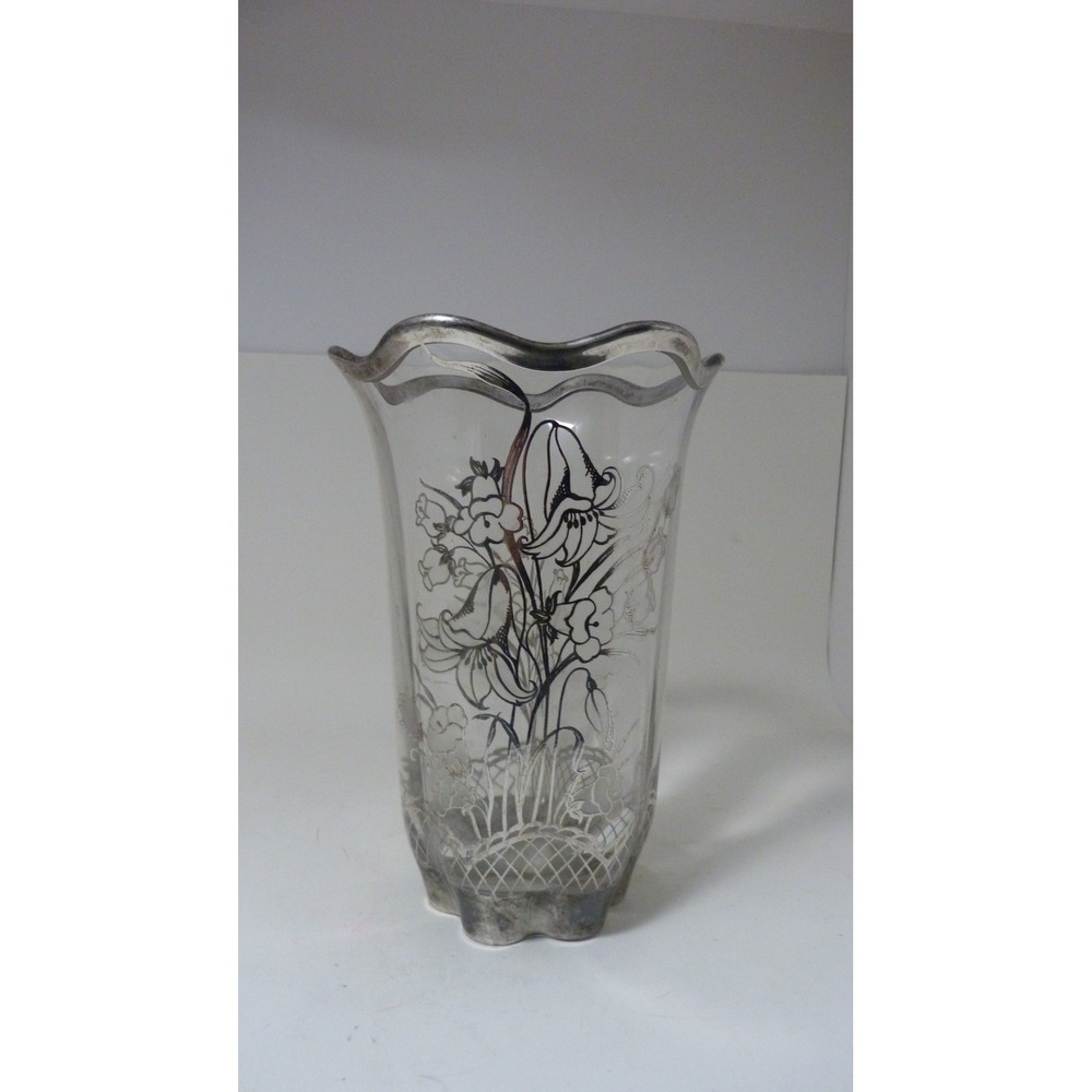 Vintage Silver Overlay Glass Vase Scalloped Floral Lily Pattern 8.5 Inch
